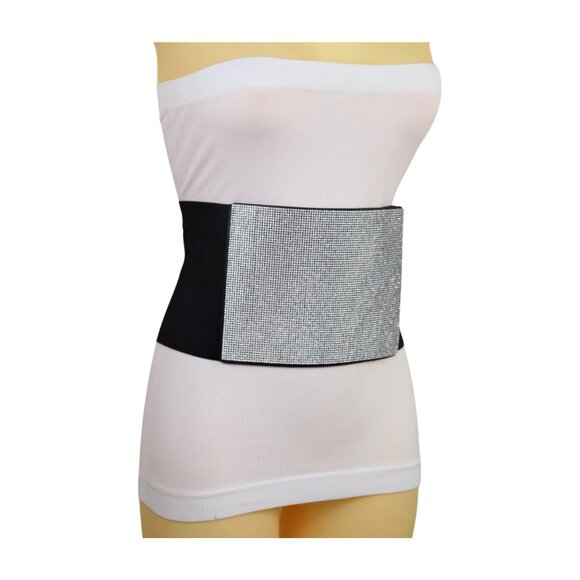 Women Wide Black Elastic High Waist Corset Belt Silver Rhinestones Plus M L XL main image 10